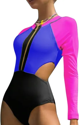 AFAVOM Womens Rash Guard One Piece Swimsuit Beach Surfing Sexy Bathing Suit Zip Front Color Block Tummy Control Swimwear