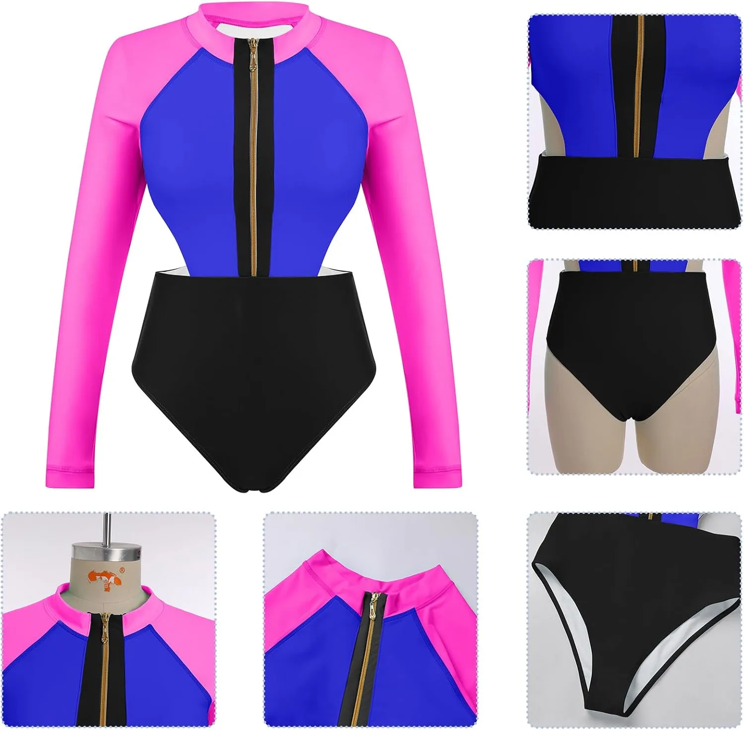 AFAVOM Womens Rash Guard One Piece Swimsuit Beach Surfing Sexy Bathing Suit Zip Front Color Block Tummy Control Swimwear