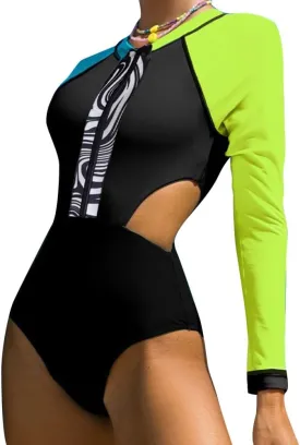 AFAVOM Womens Rash Guard One Piece Swimsuit Beach Surfing Sexy Bathing Suit Zip Front Color Block Tummy Control Swimwear