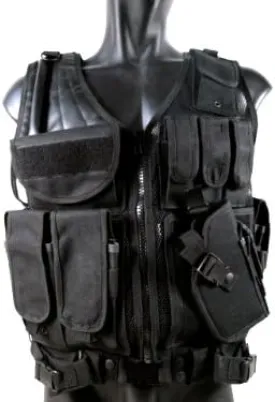 Airsoft Cross Draw Tactical Vest with 9 Pockets and Pistol Holster