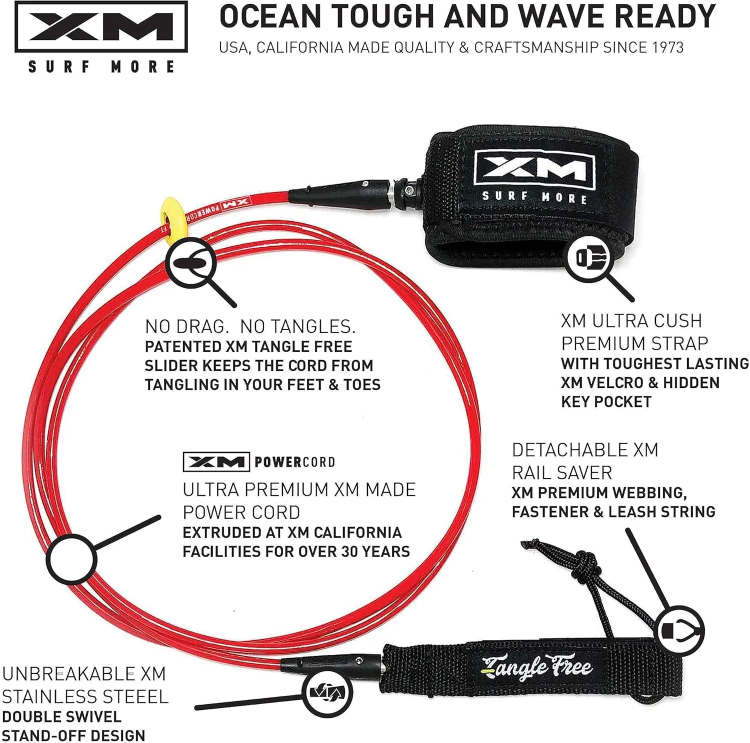 Comp 5ft-10ft Surfboard Leash with Tangle Free Upgrade, Cord Thickness (.220in), Key Pocket, Unbreakable Swivels, Detachable Railsaver, Made in USA