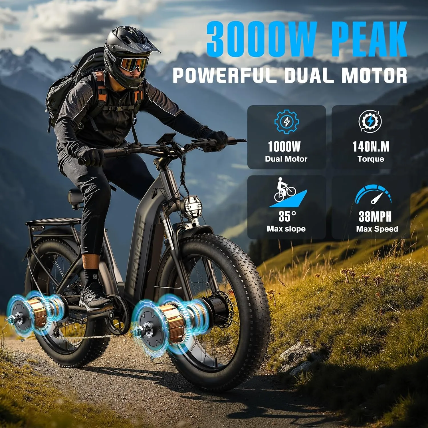 Dual Motor Electric Bike for Adults, 1600W/3000W Peak 52V 20AH Battery E Bike 26" x 4.0" Fat Tire Electric Mountain Bike Step-Thru Electric Bicycle for Women/Men, Up to 38MPH, Dual Hydraulic Brake