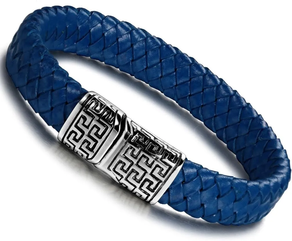 FIBO STEEL Stainless Steel Braided Leather Bracelet Cuff Bracelet for Men 7.5-8.5 inches