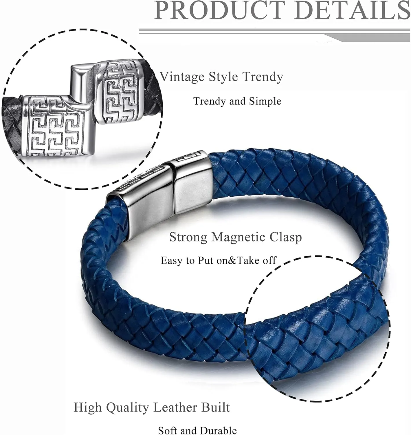 FIBO STEEL Stainless Steel Braided Leather Bracelet Cuff Bracelet for Men 7.5-8.5 inches