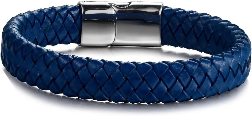 FIBO STEEL Stainless Steel Braided Leather Bracelet Cuff Bracelet for Men 7.5-8.5 inches