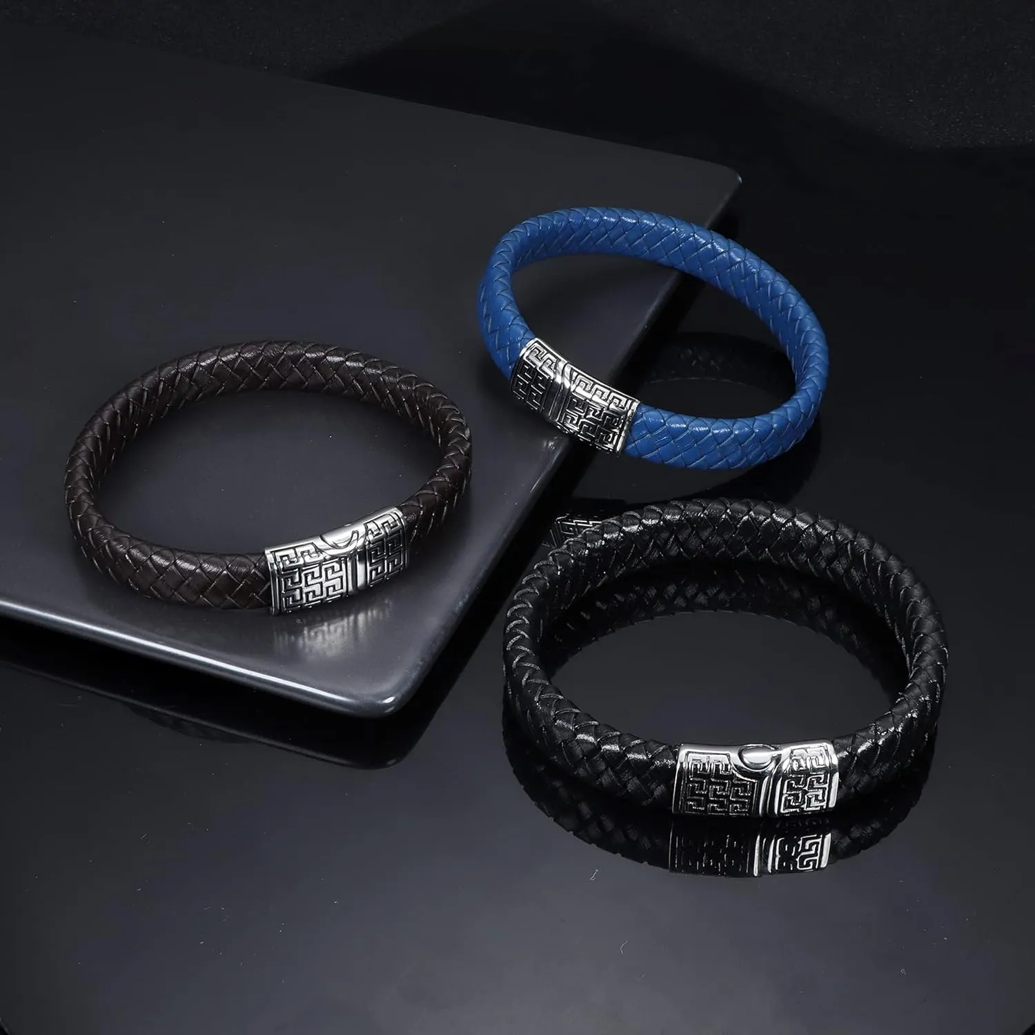 FIBO STEEL Stainless Steel Braided Leather Bracelet Cuff Bracelet for Men 7.5-8.5 inches