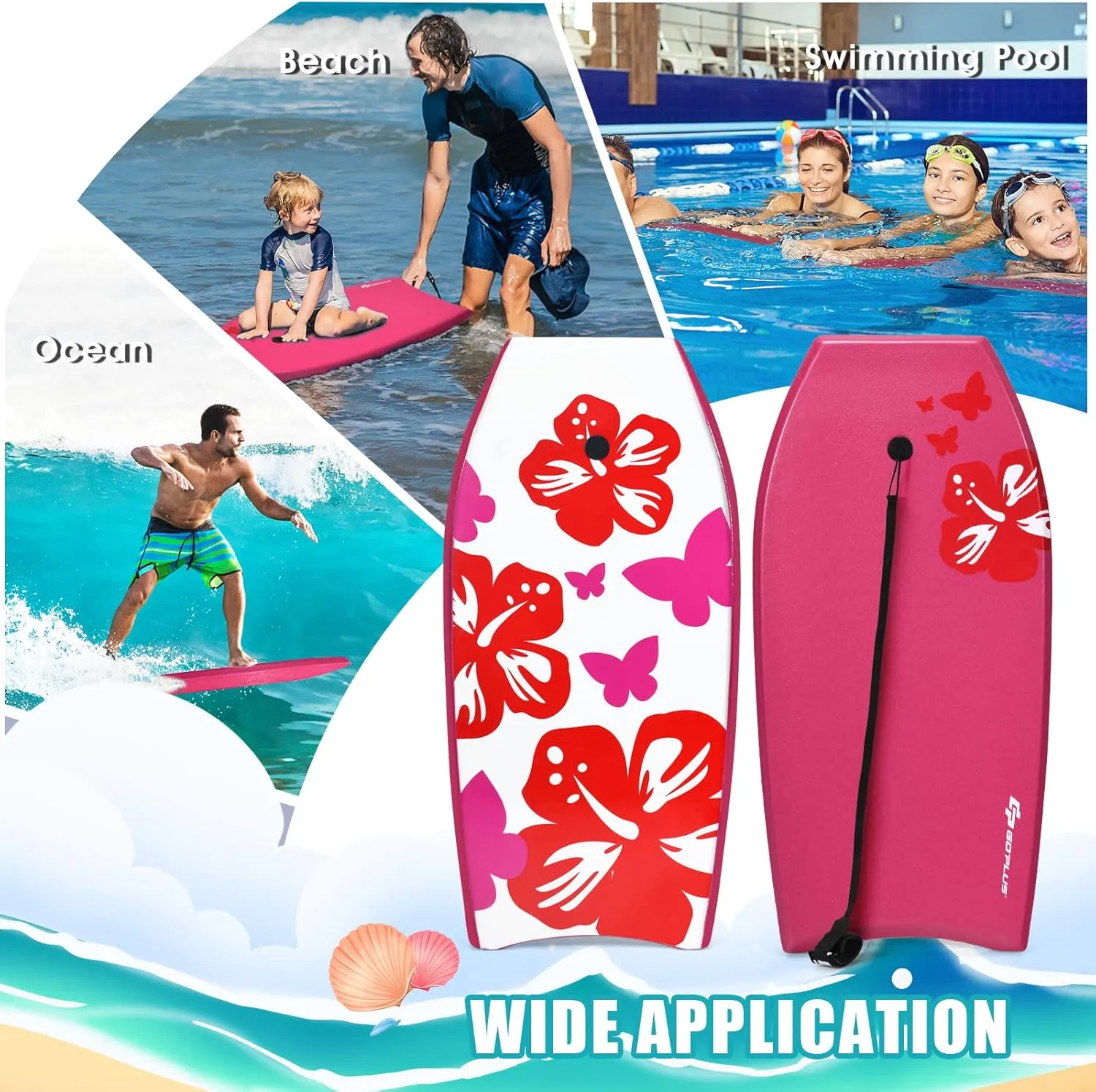 Goplus Boogie Boards for Beach, 33/37/41 Inches Lightweight Body Board w/ Wrist Leash, EPS Core, XPE Deck, HDPE Slick Bottom, Surfboard for Kids Teens Adults Surfing