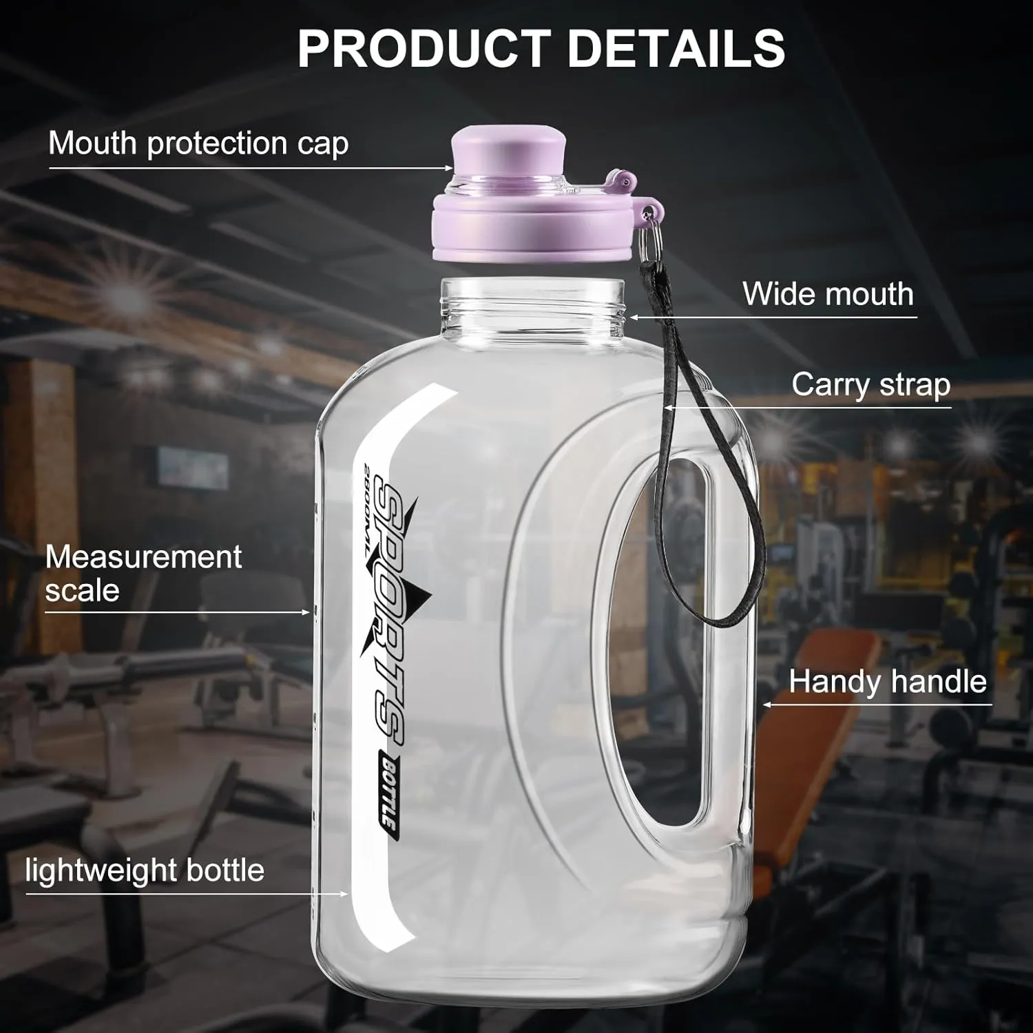 Half Gallon Water Bottle, 95 OZ/ 2.8 L, BPA Free, Modern, Sports, Gym, Outdoor, Purple, Plastic, Oval, Straw, Portable Handle, 5.31" W x 10.62" H