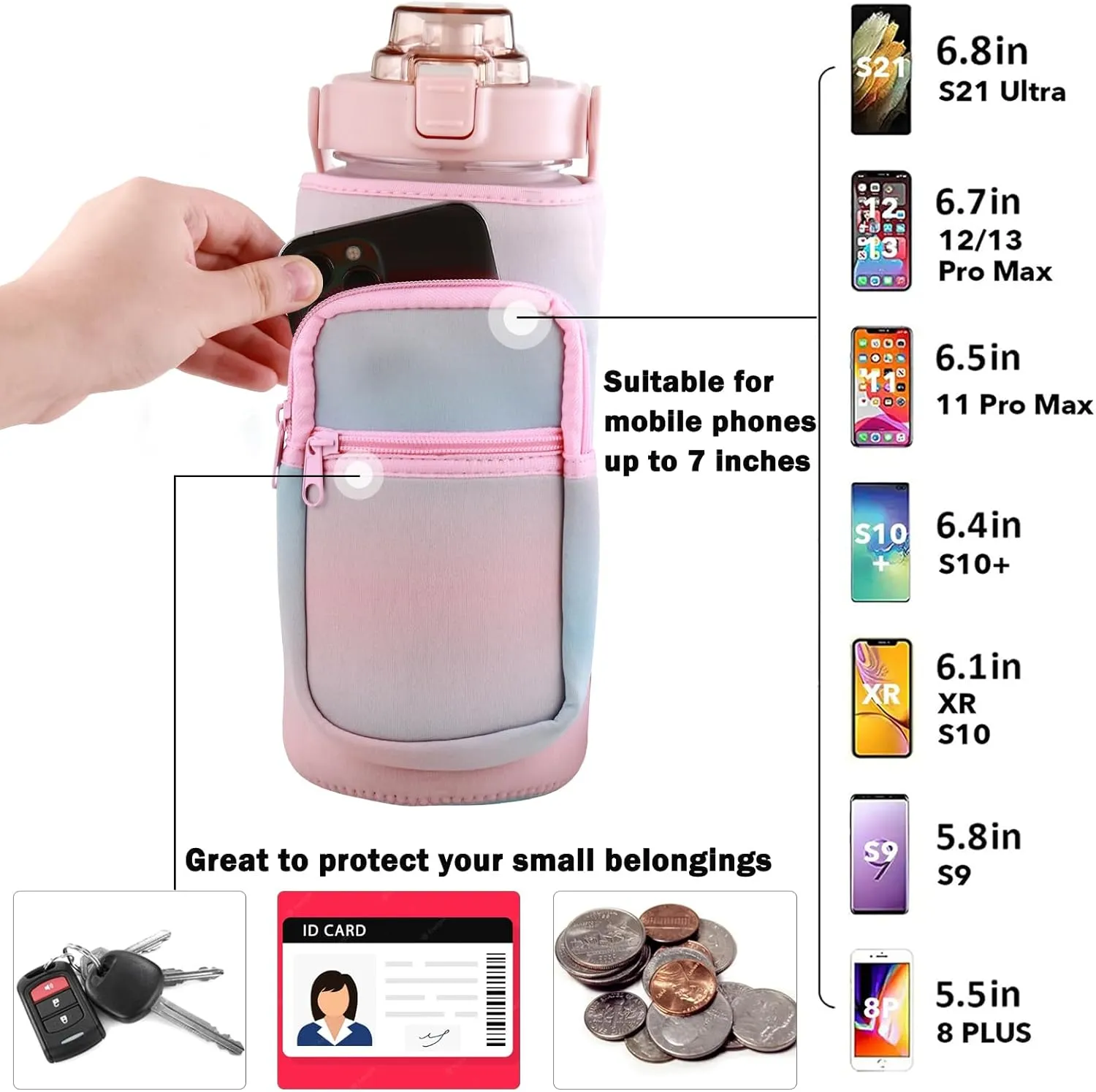 Half Gallon Water Bottle with Sleeve & Strap 64 OZ Motivational Water Bottles with Straw Large Wide Mouth Water Jug with Time Marker for Fitness, Gym and Outdoor Sports, Leak-proof & BPA Free,