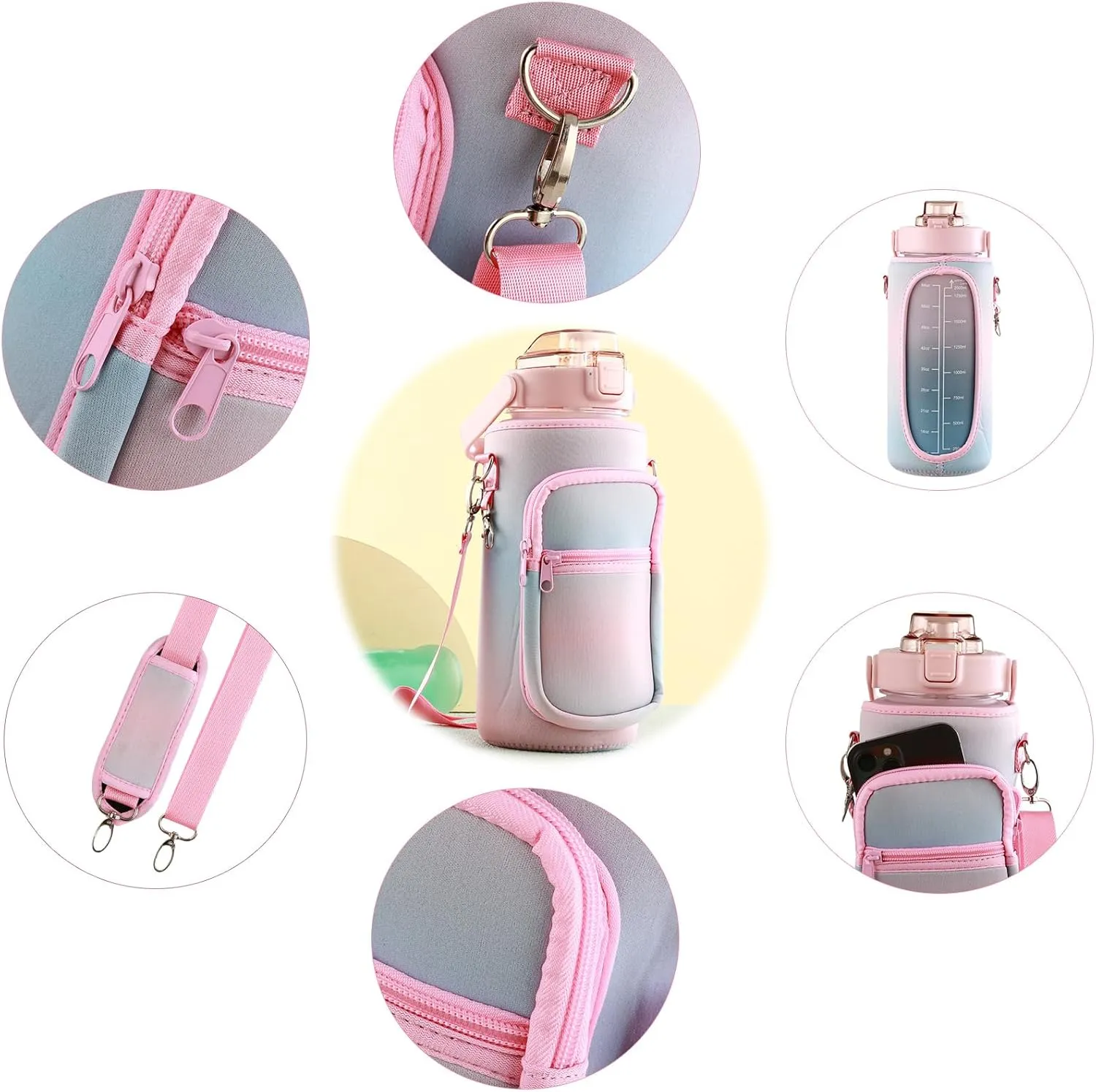 Half Gallon Water Bottle with Sleeve & Strap 64 OZ Motivational Water Bottles with Straw Large Wide Mouth Water Jug with Time Marker for Fitness, Gym and Outdoor Sports, Leak-proof & BPA Free,