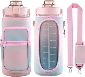 Half Gallon Water Bottle with Sleeve & Strap 64 OZ Motivational Water Bottles with Straw Large Wide Mouth Water Jug with Time Marker for Fitness, Gym and Outdoor Sports, Leak-proof & BPA Free,