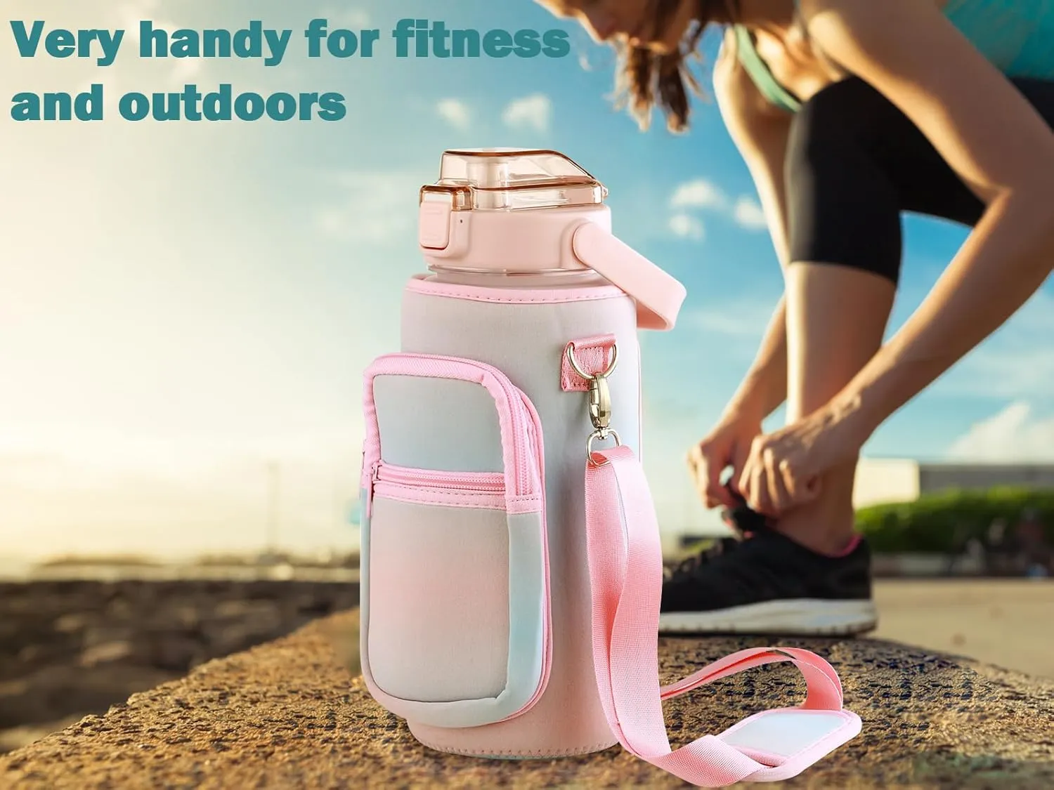Half Gallon Water Bottle with Sleeve & Strap 64 OZ Motivational Water Bottles with Straw Large Wide Mouth Water Jug with Time Marker for Fitness, Gym and Outdoor Sports, Leak-proof & BPA Free,