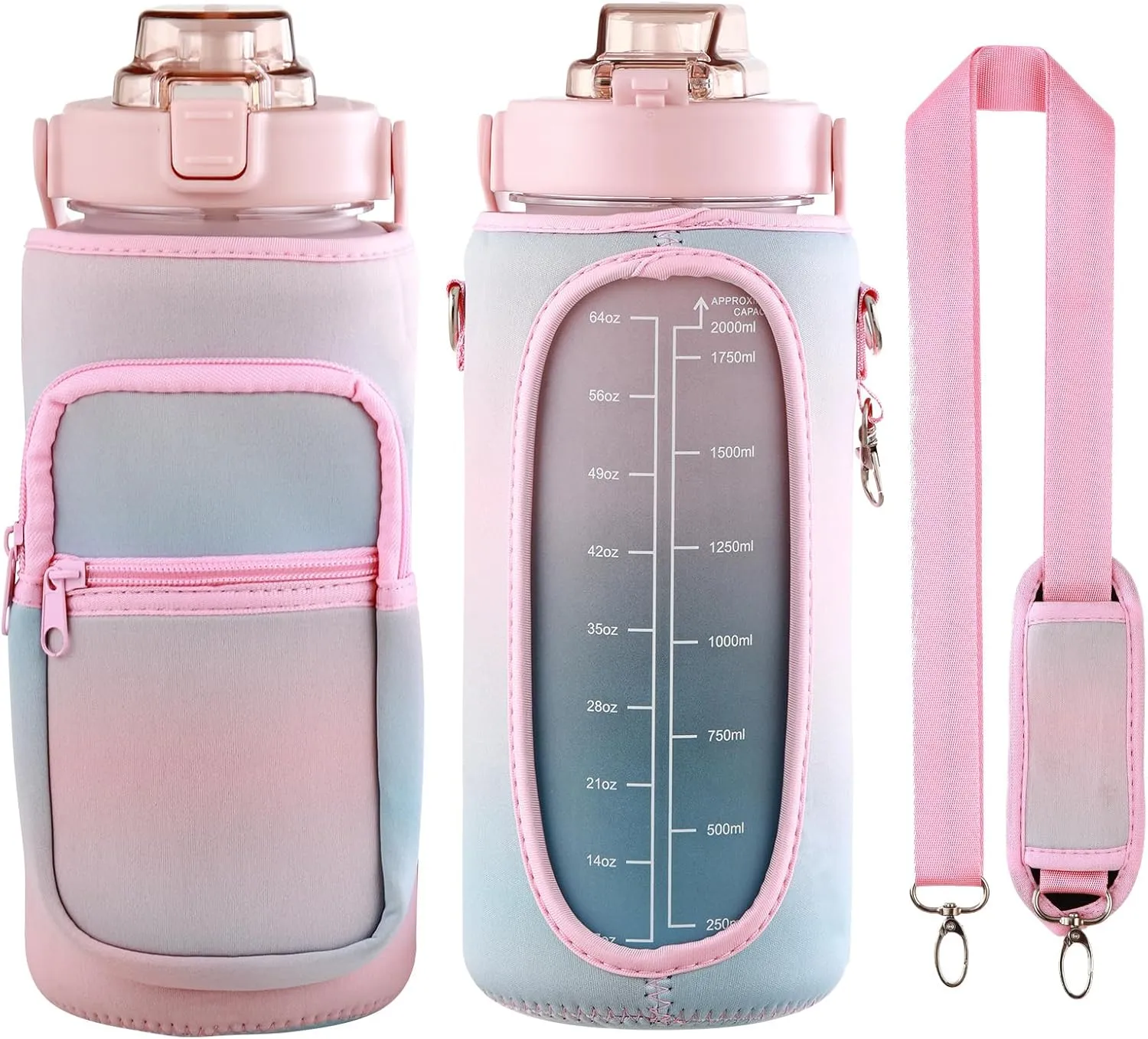 Half Gallon Water Bottle with Sleeve & Strap 64 OZ Motivational Water Bottles with Straw Large Wide Mouth Water Jug with Time Marker for Fitness, Gym and Outdoor Sports, Leak-proof & BPA Free,