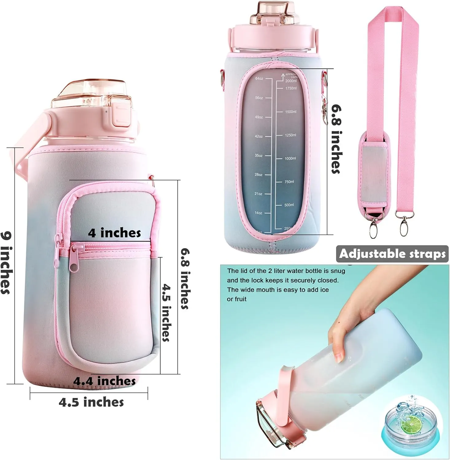 Half Gallon Water Bottle with Sleeve & Strap 64 OZ Motivational Water Bottles with Straw Large Wide Mouth Water Jug with Time Marker for Fitness, Gym and Outdoor Sports, Leak-proof & BPA Free,
