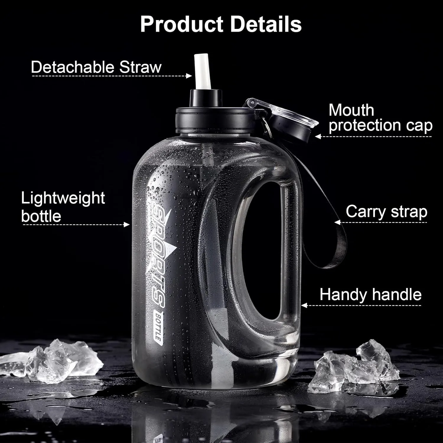 Large 95 OZ Water Bottle with Straw, Portable Handle, BPA Free, Eco-Friendly, Perfect for Sports and Fitness