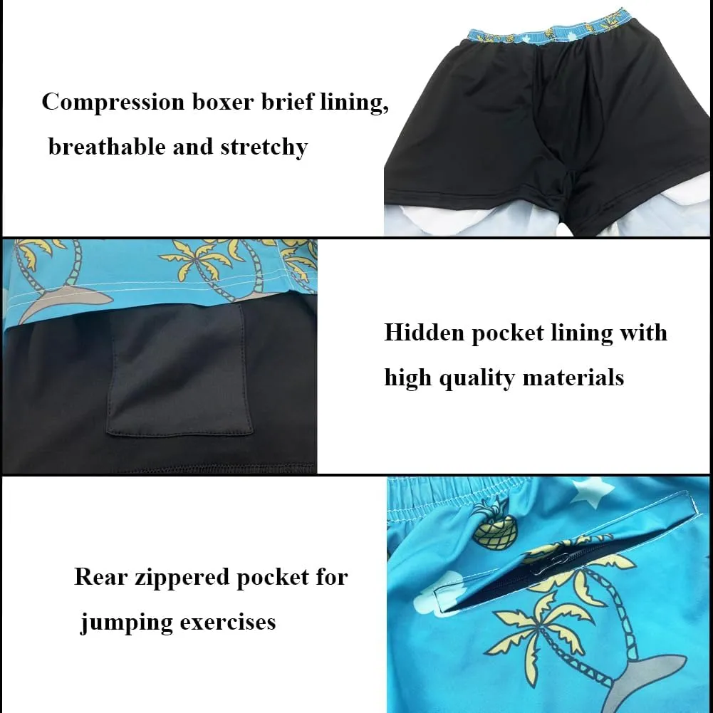 Mens Swim Trunks with Compression Liner Quick Dry Zipper Pocket Bathing