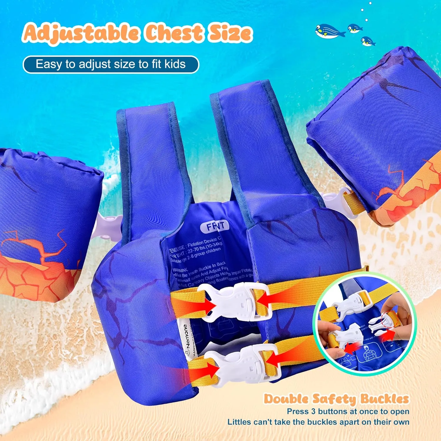 Nemone Toddler Swim Vest for 22-70 lbs Kids Floaties Swim Jacket with Arm Water Wings for Girls Boys 1 2 3 4 5 6 7 Years Old Beach Pool 20 30 40 50 60 66 Pounds Puddle Jumper