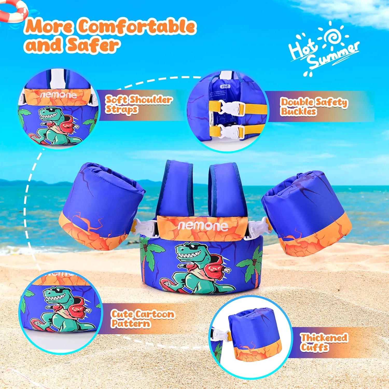 Nemone Toddler Swim Vest for 22-70 lbs Kids Floaties Swim Jacket with Arm Water Wings for Girls Boys 1 2 3 4 5 6 7 Years Old Beach Pool 20 30 40 50 60 66 Pounds Puddle Jumper