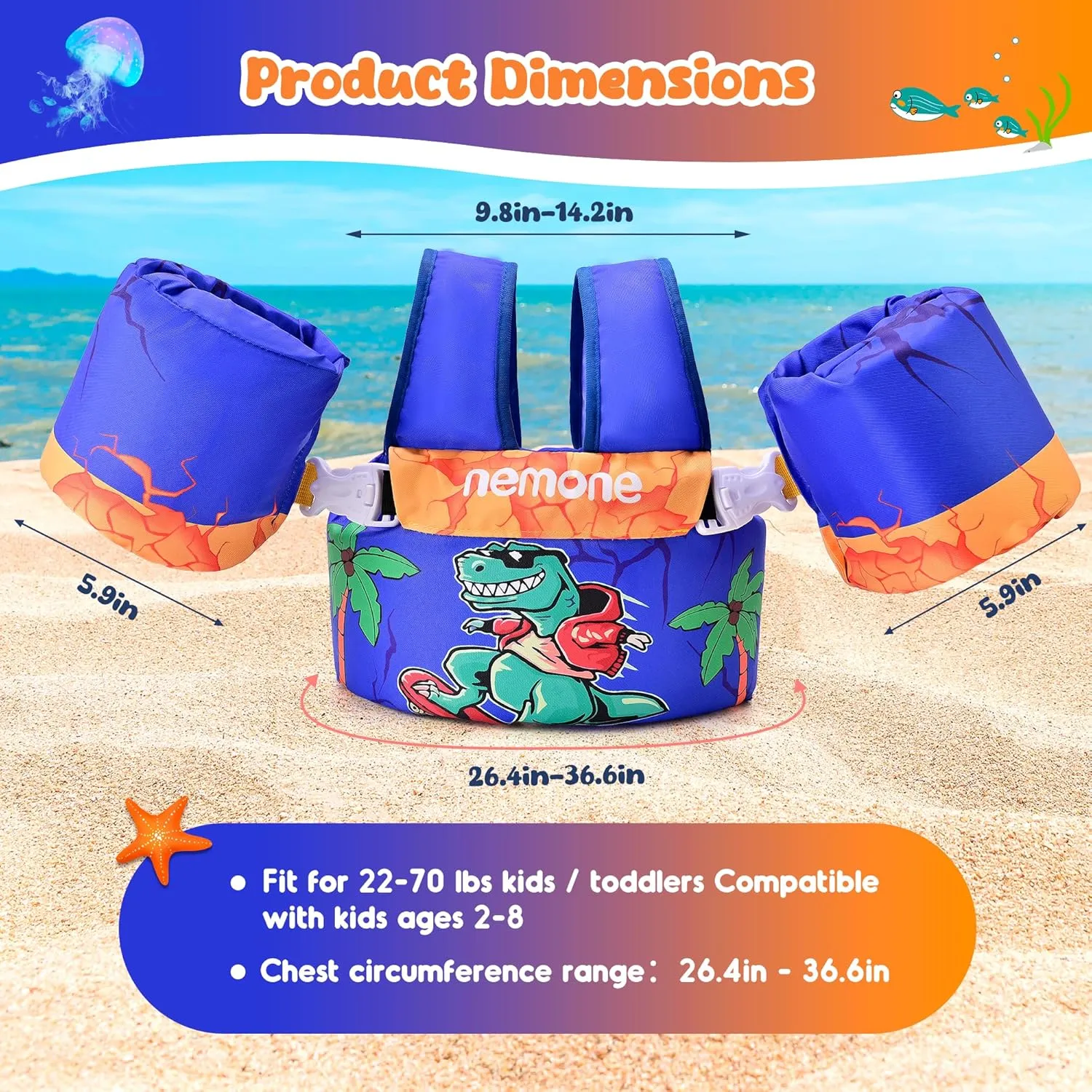 Nemone Toddler Swim Vest for 22-70 lbs Kids Floaties Swim Jacket with Arm Water Wings for Girls Boys 1 2 3 4 5 6 7 Years Old Beach Pool 20 30 40 50 60 66 Pounds Puddle Jumper