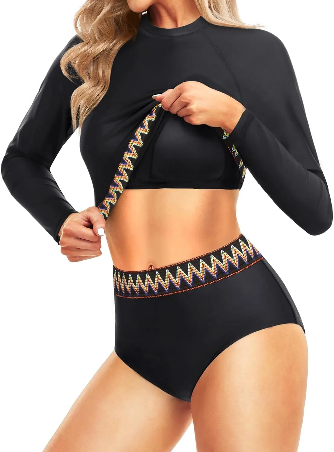 Pinup Fashion Long Sleeve Rash Guard - 2 Piece Swimsuit Bathing Suits with Bottom Swim Top UV UPF 50 