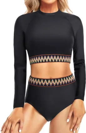 Pinup Fashion Long Sleeve Rash Guard - 2 Piece Swimsuit Bathing Suits with Bottom Swim Top UV UPF 50 