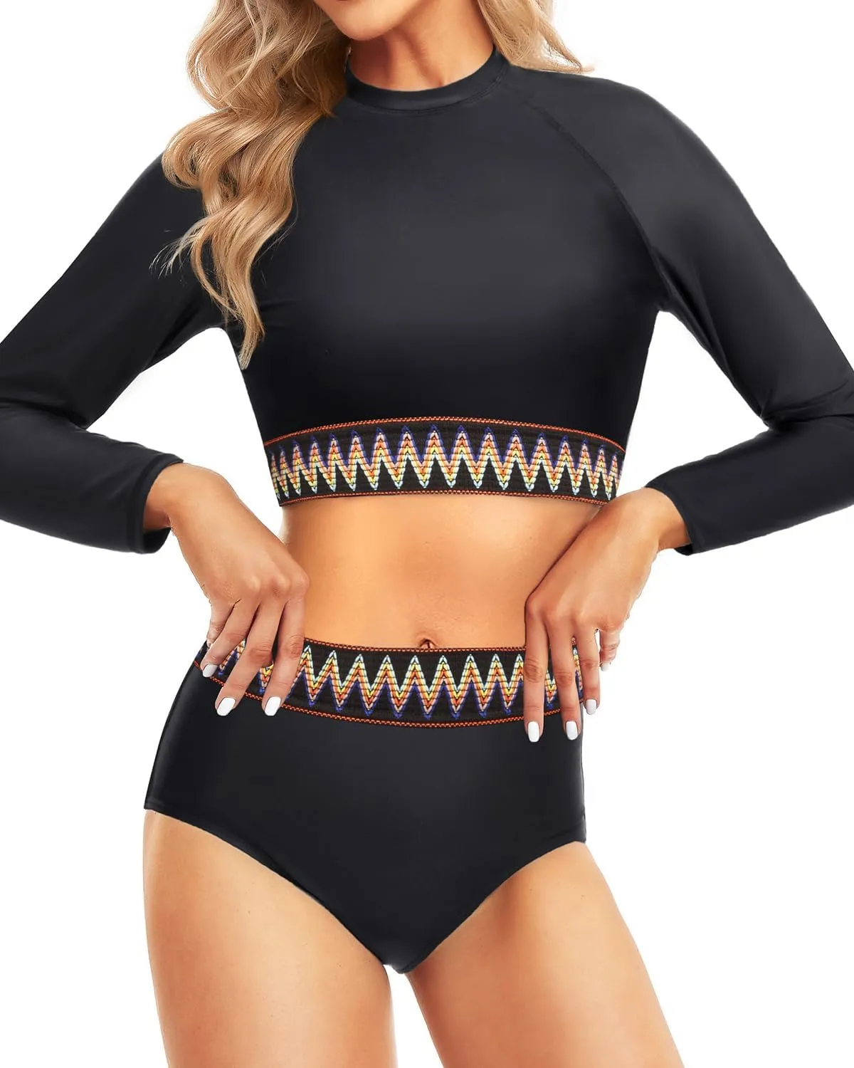 Pinup Fashion Long Sleeve Rash Guard - 2 Piece Swimsuit Bathing Suits with Bottom Swim Top UV UPF 50 
