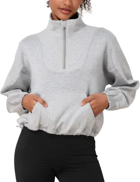PrettyGuide Womens Scuba Cropped Half Zip Sweatshirt Pullover Stand Collar Ribbed Quarter Zip Hoodies with Pocket