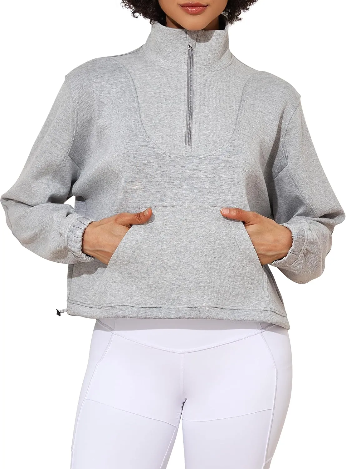 PrettyGuide Womens Scuba Cropped Half Zip Sweatshirt Pullover Stand Collar Ribbed Quarter Zip Hoodies with Pocket