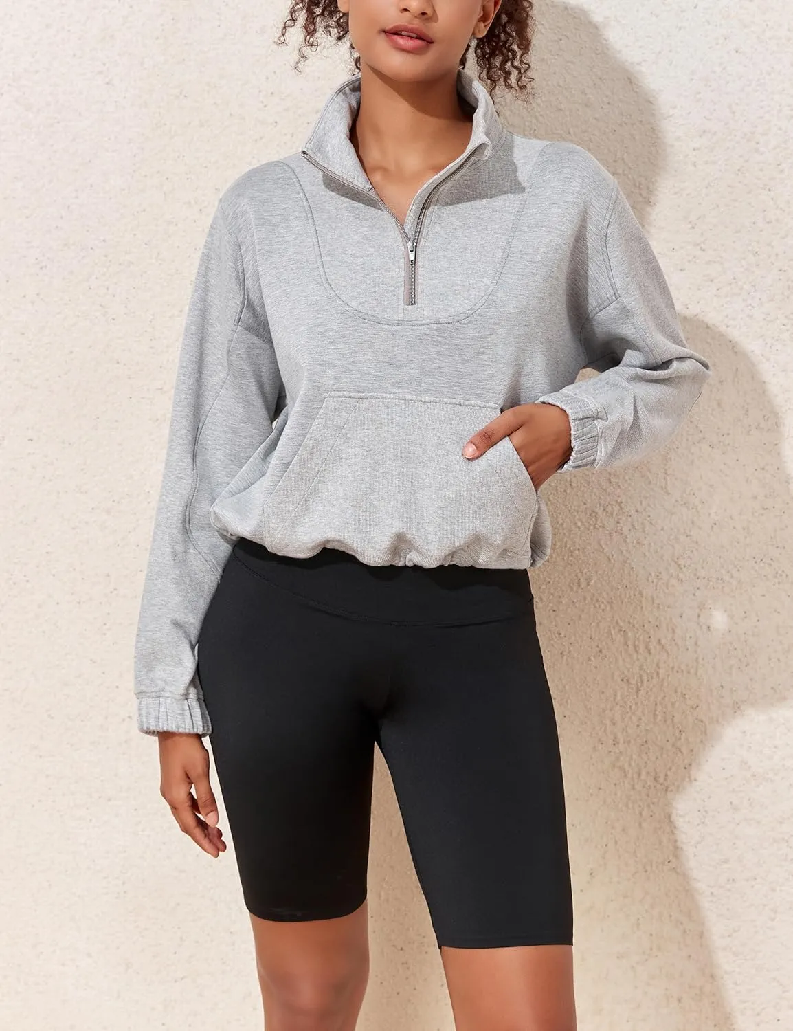 PrettyGuide Womens Scuba Cropped Half Zip Sweatshirt Pullover Stand Collar Ribbed Quarter Zip Hoodies with Pocket