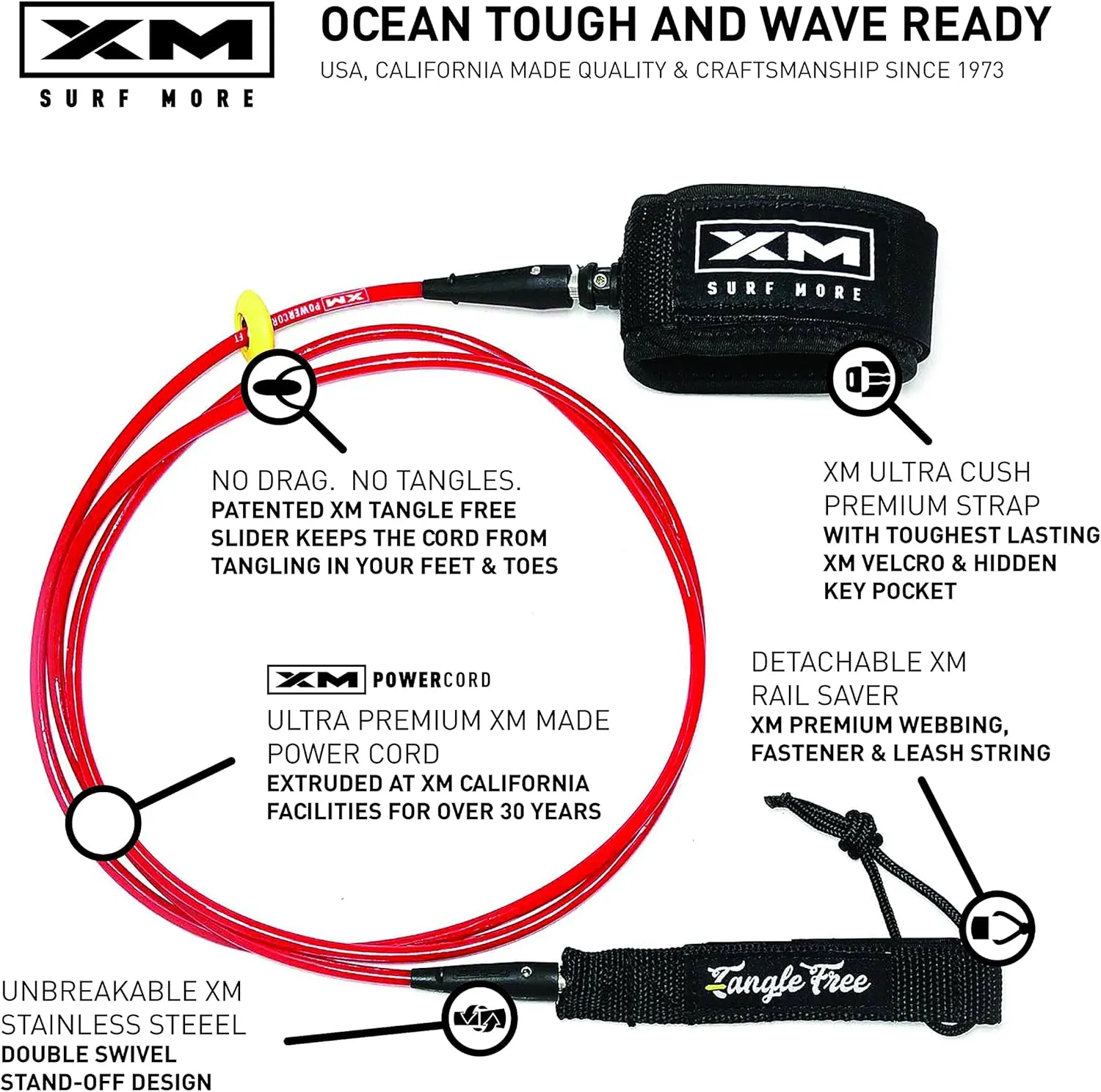 Regular 6ft-12ft Surfboard Leash with Tangle Free Upgrade, Cord Thickness (.270in), Key Pocket, Unbreakable Swivels, Detachable Railsaver, Made in USA