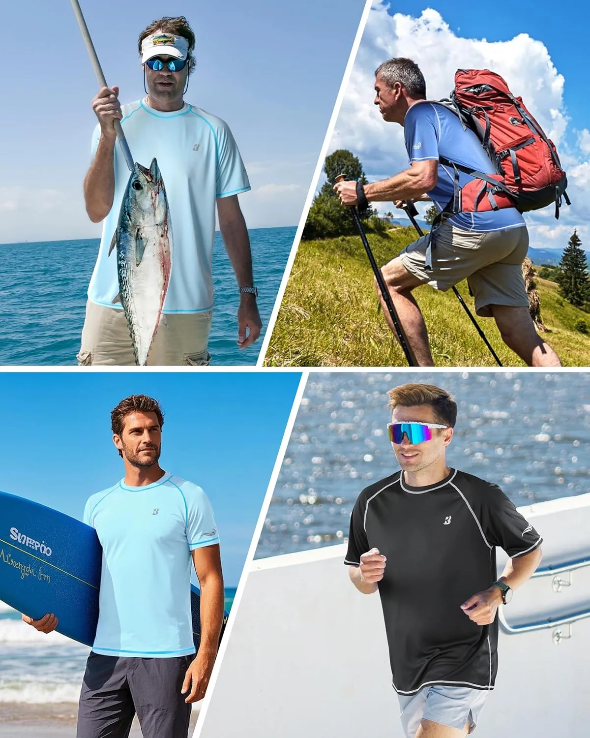 Roadbox Men's UPF 50  Swim Shirts, Short Sleeve UV Sun Protection Rash Guard T-Shirt, Quick Dry Water Surfing Beach Tees