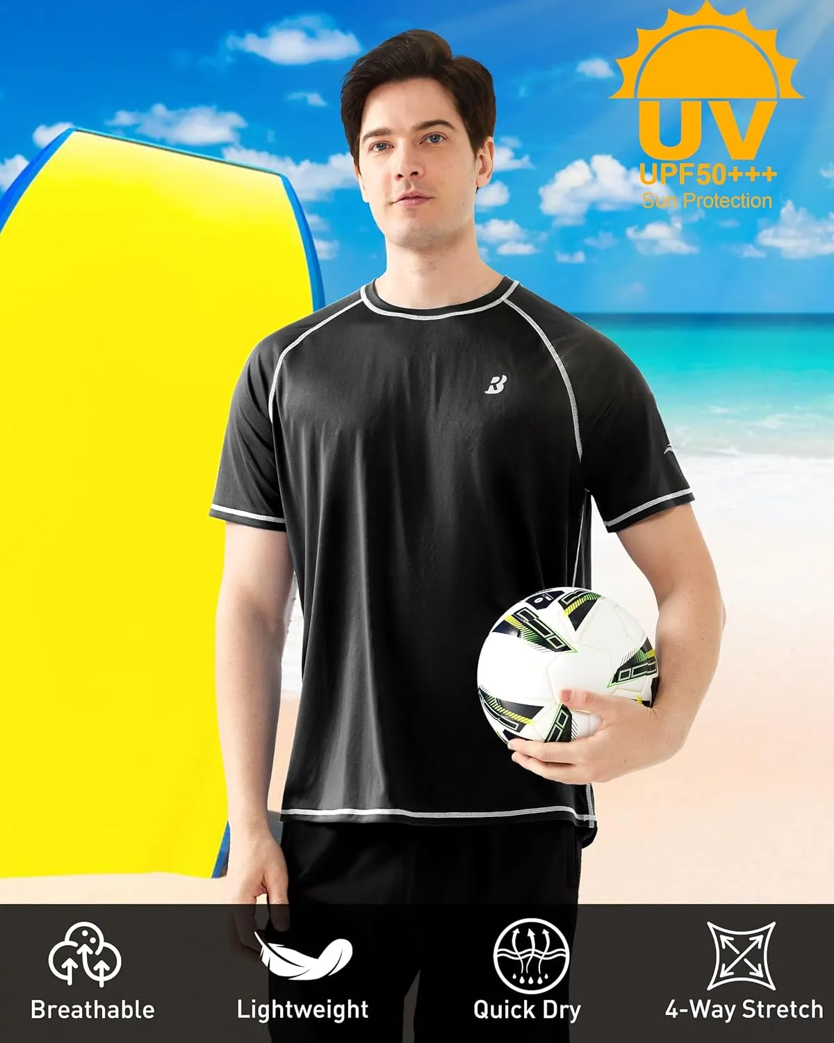 Roadbox Men's UPF 50  Swim Shirts, Short Sleeve UV Sun Protection Rash Guard T-Shirt, Quick Dry Water Surfing Beach Tees