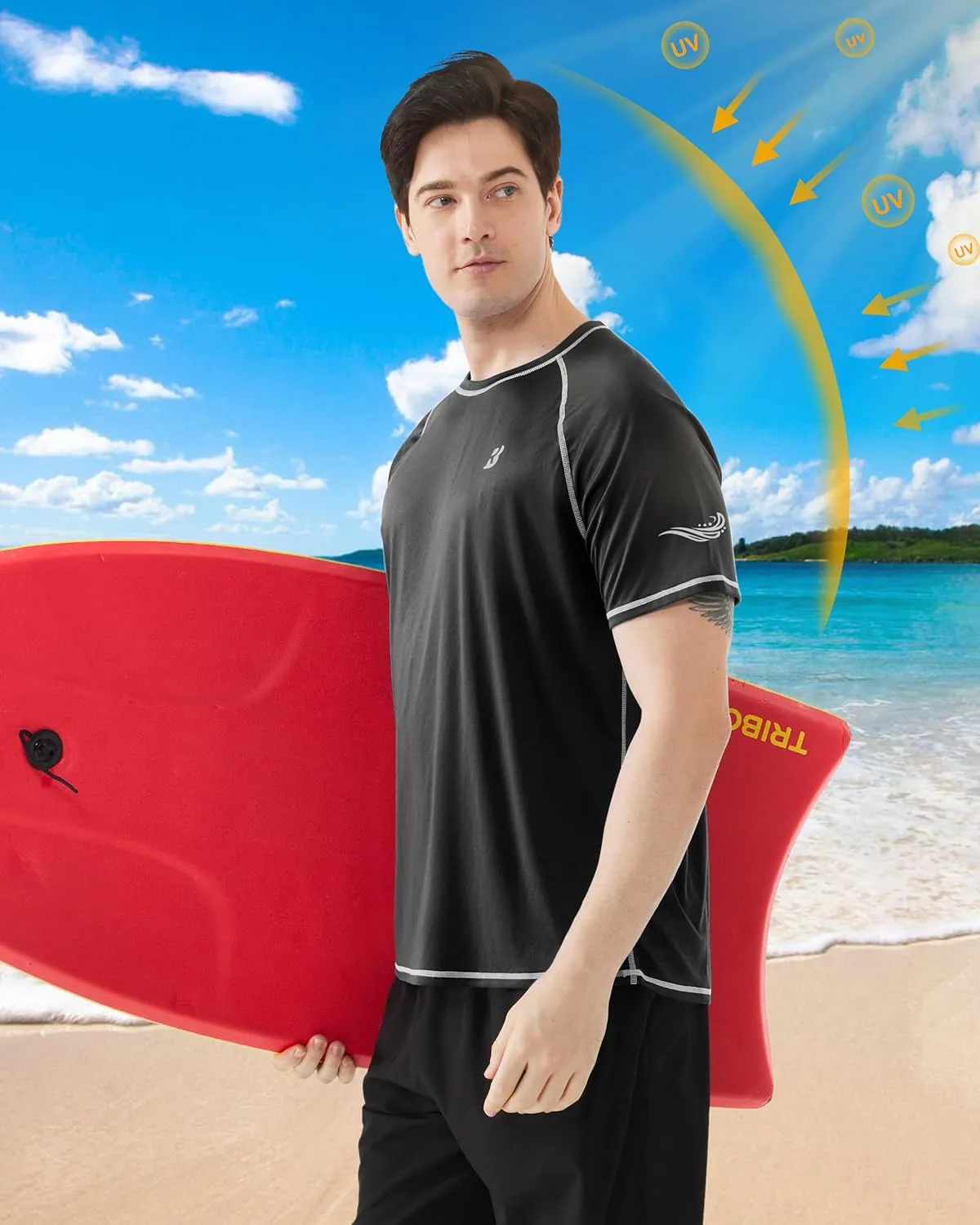 Roadbox Men's UPF 50  Swim Shirts, Short Sleeve UV Sun Protection Rash Guard T-Shirt, Quick Dry Water Surfing Beach Tees