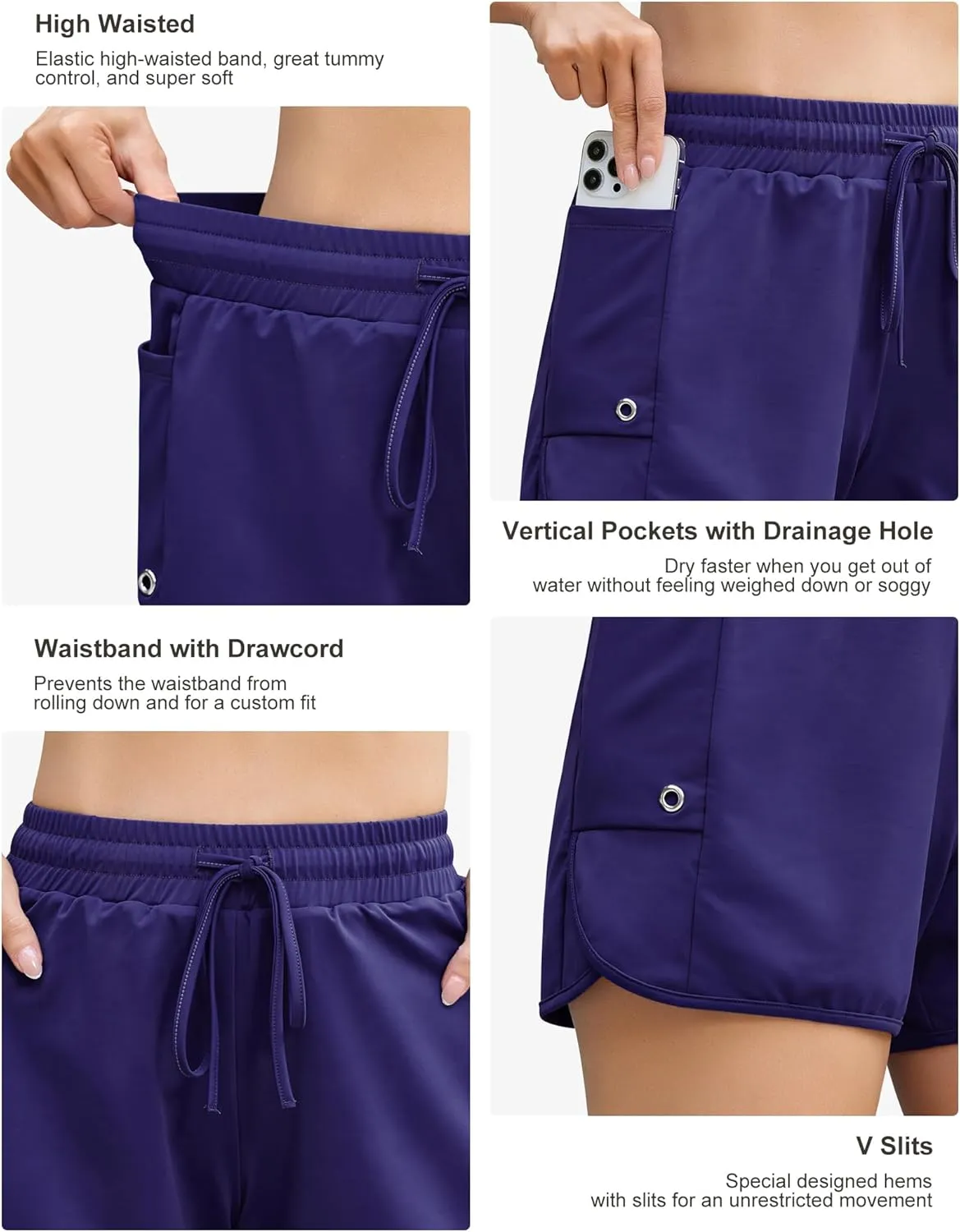 SILKWORLD Women 4" Swim Shorts Side Split Swim Trunk Quick Dry Swimming Board Shorts with Pockets
