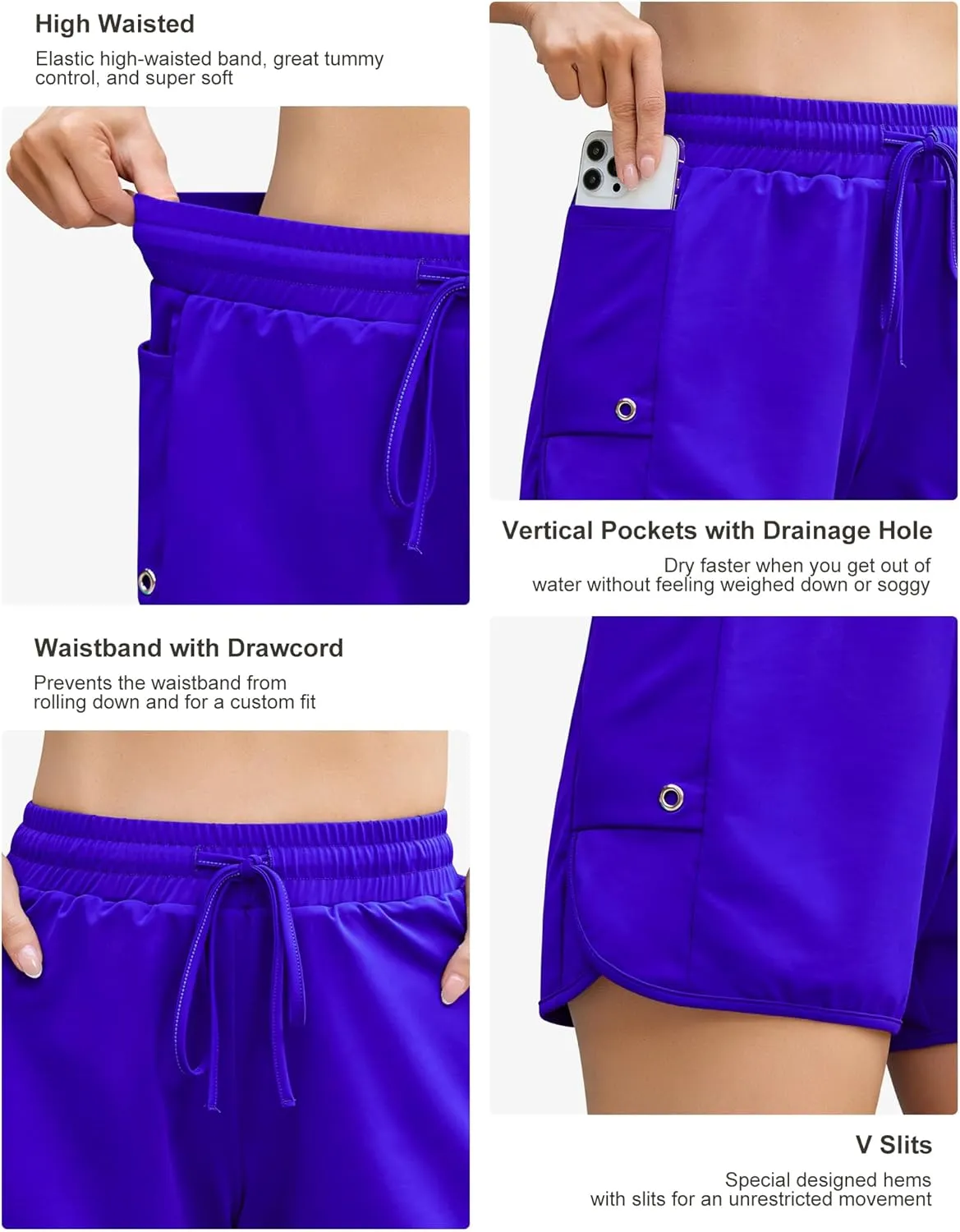 SILKWORLD Women 4" Swim Shorts Side Split Swim Trunk Quick Dry Swimming Board Shorts with Pockets