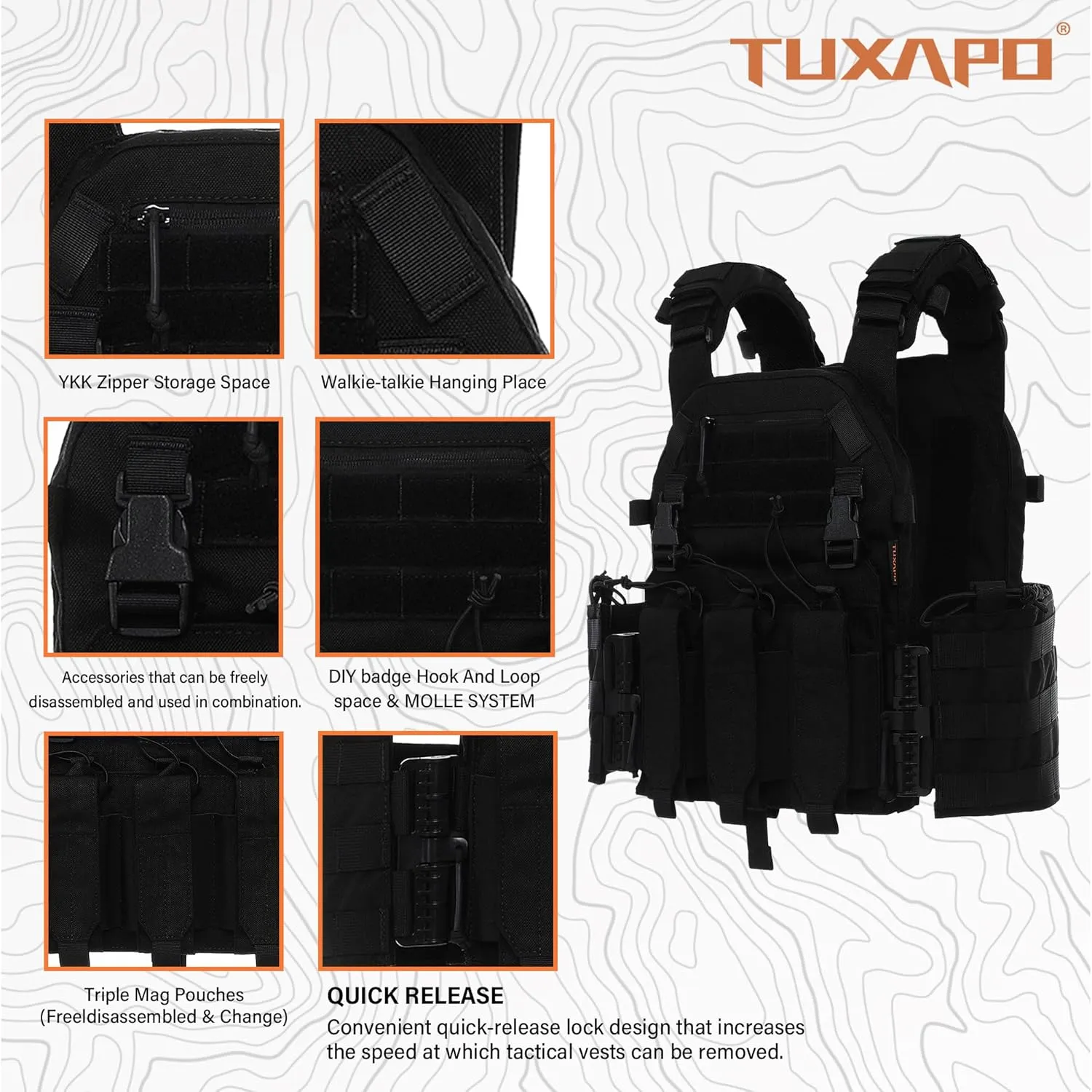 Tactical Molle Vests with Triple mag Pouch and Side Cummerbund Pouches, Quick Release Vests for Men