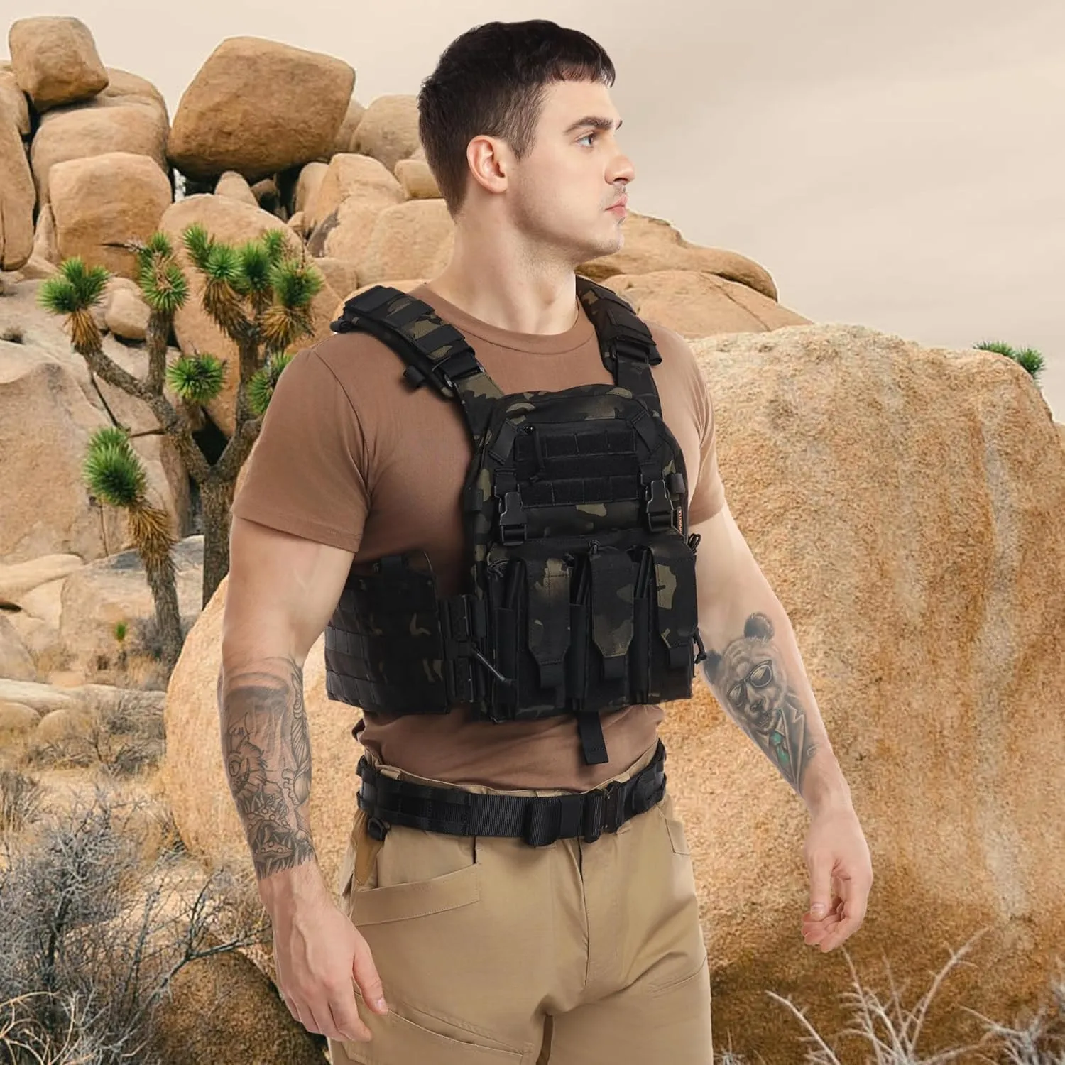 Tactical Molle Vests with Triple mag Pouch and Side Cummerbund Pouches, Quick Release Vests for Men