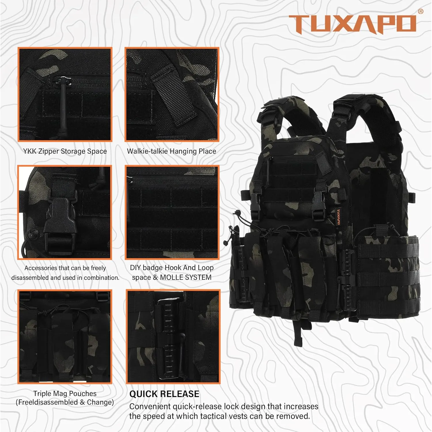 Tactical Molle Vests with Triple mag Pouch and Side Cummerbund Pouches, Quick Release Vests for Men