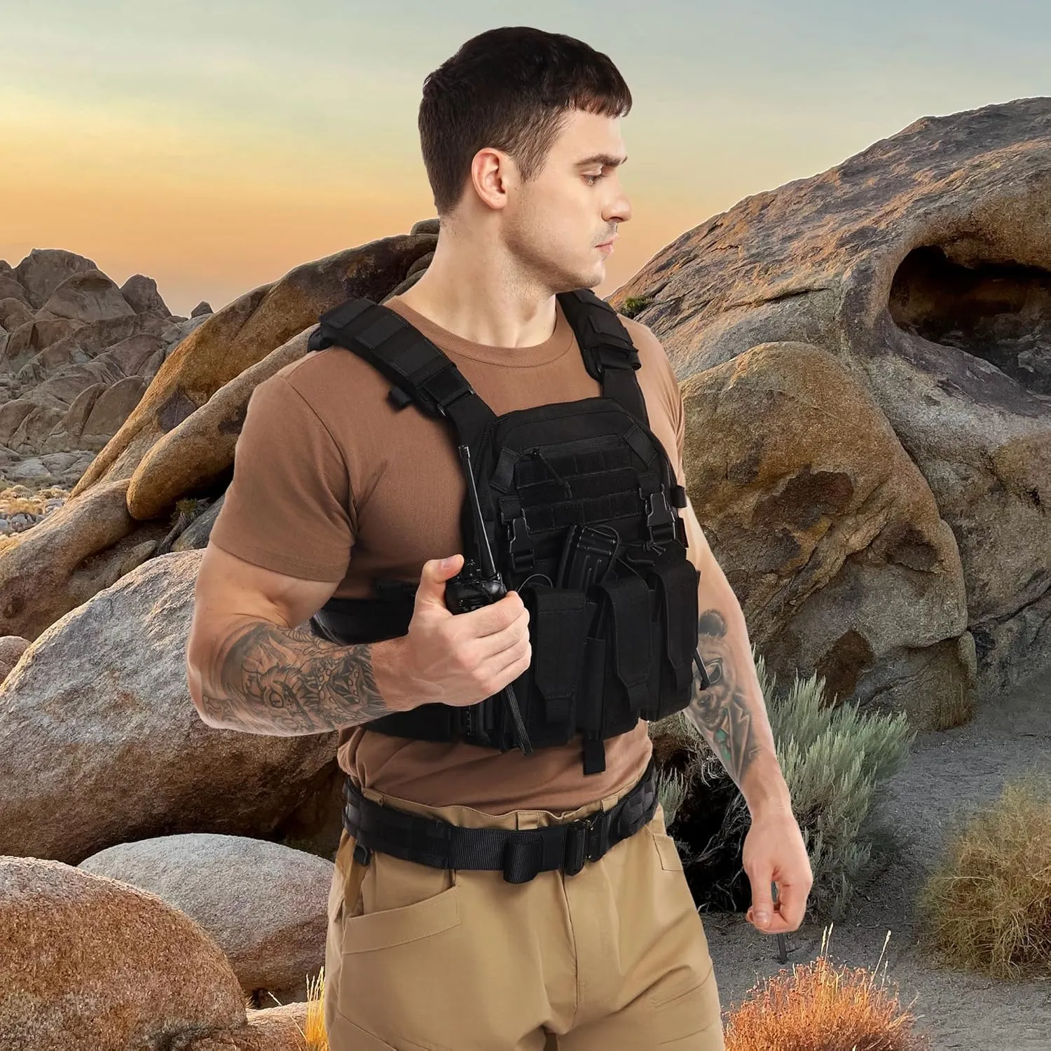 Tactical Molle Vests with Triple mag Pouch and Side Cummerbund Pouches, Quick Release Vests for Men