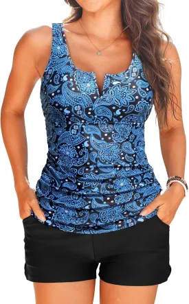 Tankini Two Piece with Shorts - Womens Tummy Control Swimsuit with Pockets Bathing Suit with V-Wire Boy Shorts Swimwear 2025
