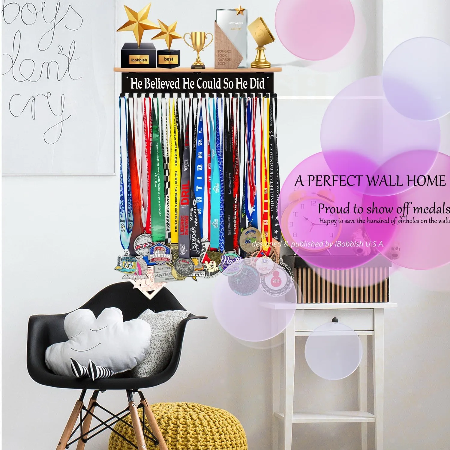 Trophy Shelf with Hooks for Medals - Metal Display Shelf for Wall Mount Ribbon Display, Trophy Shelves for Gymnastics, Soccer, Wrest,Running Race Medals Awards Rack,Trophy Award holder Upgraded