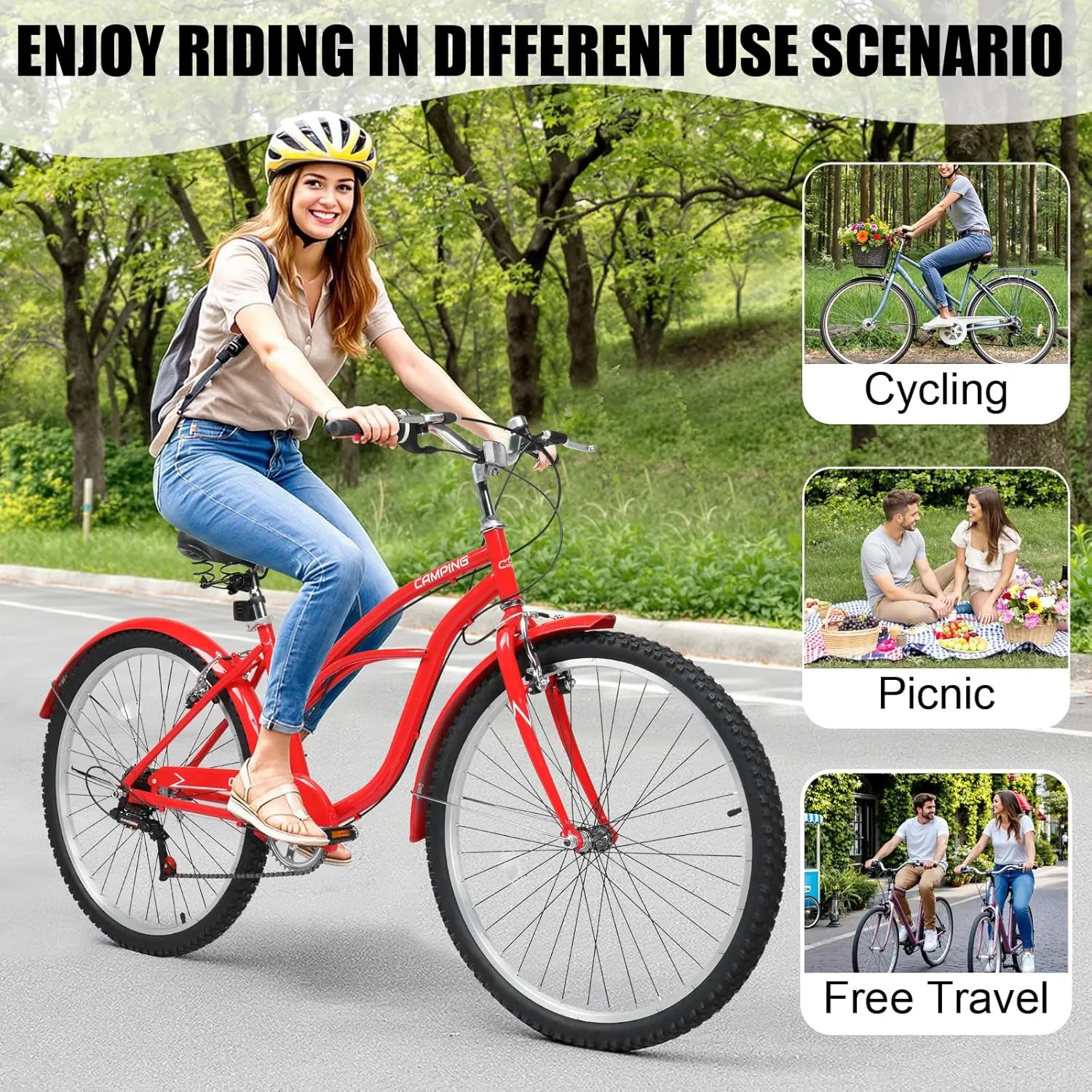 Women Bike, 26 Inch Beach Cruiser Bike, 7 Speed Commuter Bicycle with Ergonomic Upright Frame, Full Front & Rear Fenders and Foldable Front Basket (Green/Black/Red)
