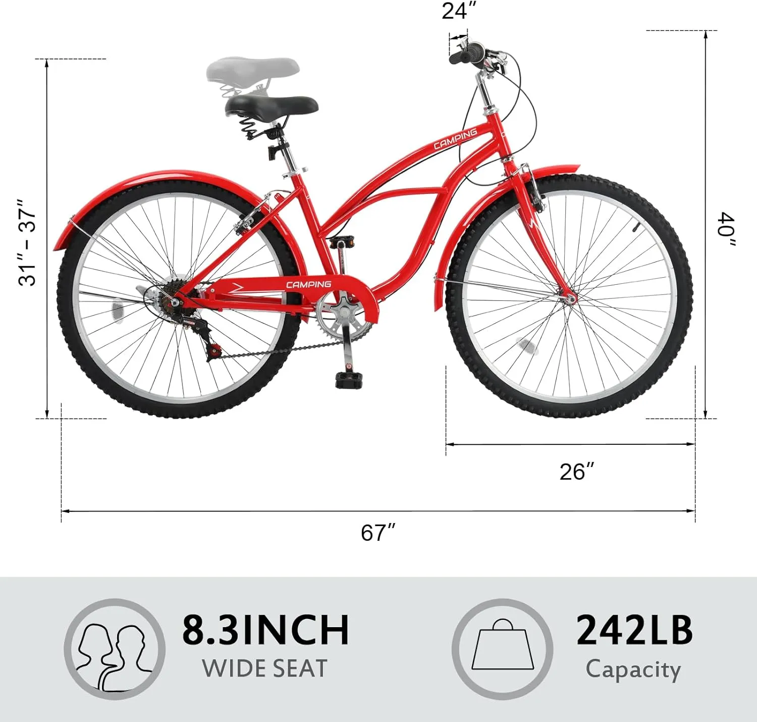 Women Bike, 26 Inch Beach Cruiser Bike, 7 Speed Commuter Bicycle with Ergonomic Upright Frame, Full Front & Rear Fenders and Foldable Front Basket (Green/Black/Red)