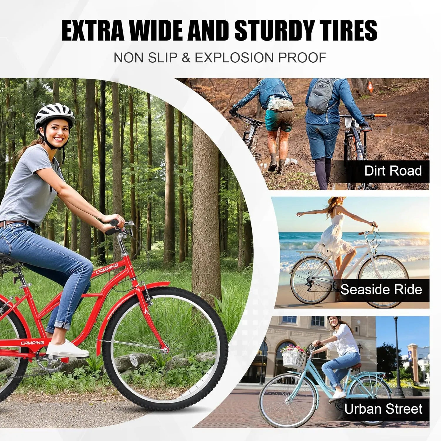 Women Bike, 26 Inch Beach Cruiser Bike, 7 Speed Commuter Bicycle with Ergonomic Upright Frame, Full Front & Rear Fenders and Foldable Front Basket (Green/Black/Red)