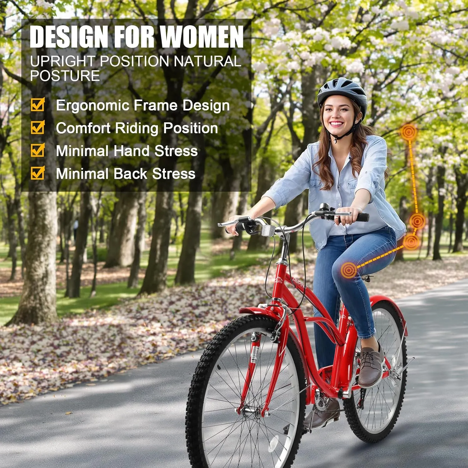 Women Bike, 26 Inch Beach Cruiser Bike, 7 Speed Commuter Bicycle with Ergonomic Upright Frame, Full Front & Rear Fenders and Foldable Front Basket (Green/Black/Red)